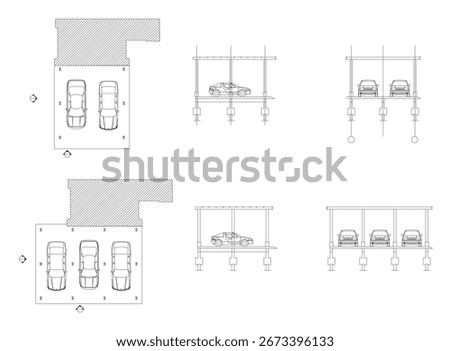 2D Vector Drawing of Car Parking Layout with Columns and Foundation Plan