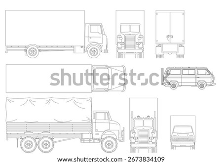 2D Vector Drawing of Truck Front and Side View for Architectural Plan Illustration
