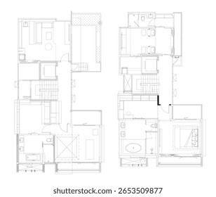 Desenho Vetorial 2D da Casa de Dois Andares - Plano de Layout de Mobiliário para Área de Estar, Despensa e Banheiro