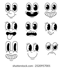 2d vector face cartoon character emotion set, smile, angry, sad, laugh, Stick out your tongue, y2k character style