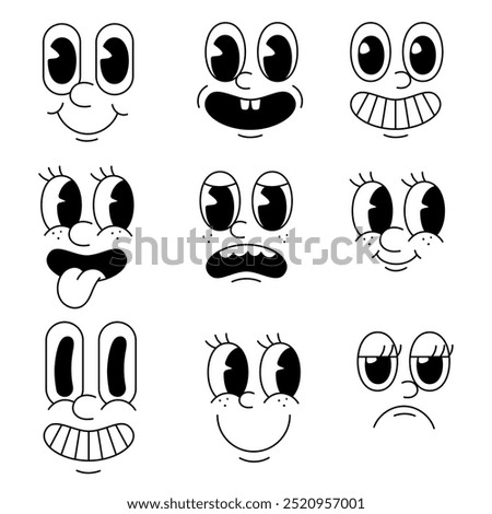 2d vector face cartoon character emotion set, smile, angry, sad, laugh, Stick out your tongue, y2k character style