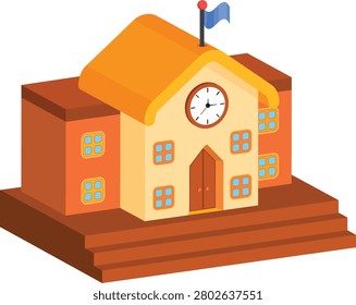 A 2D vector graphic of a classic two-story brick school or academy building featuring an orange roof, a front clock tower, and a flag.