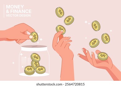 2d vector hand holding money coins, financial and money saving concept, flat illustration design