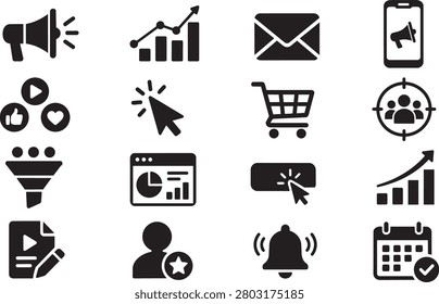 2D Vector Icons Set Marketing, Social Media, Business E-Commerce Symbols