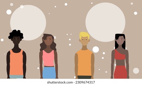 2D vector illustration of cartoon black men and women standing in row against round shaped banners Juneteenth concept