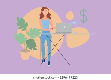 2D vector illustration of cartoon female in blue outfit shopping online with netbook while standing at table with lamp near potted plant