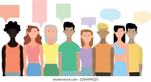 2D vector illustration of cartoon multiethnic people standing with speech bubbles against white background concept of diversity equality and unity