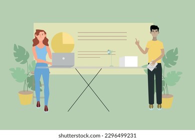 2D vector illustration of cartoon woman using laptop while male coworker pointing at financial charts during business presentation