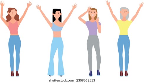 2D vector illustration of cheerful women with different hair colors raising arms and showing two fingers gesture while celebrating success against white background