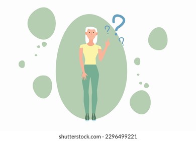 2D vector illustration of confused blond haired cartoon female pointing up at exclamation marks while having question