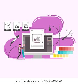 2D vector illustration of designer. Display on the monitor tool used and file icon.