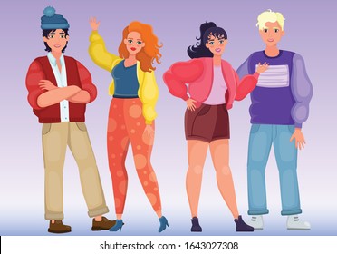 2D vector illustration of a group of happy people who communicate together. Friends who hang out together and have fun.