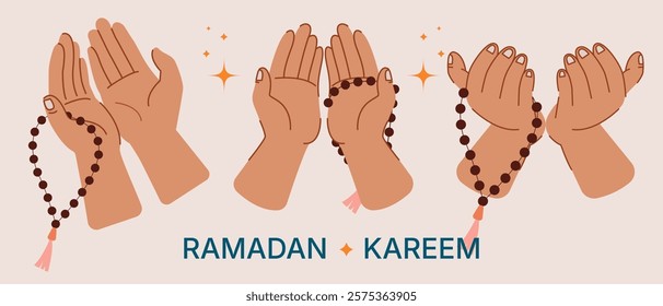 2d vector illustration hand holding rosary while praying in ramadan, ramadan kareem concept, musalim religion and traditional