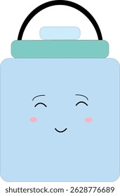 A 2D vector illustration of a kawaii-style blue water bottle with a smiling face, perfect for educational, school, and kids' design themes. Flat and simple design ideal for digital use or printable ma