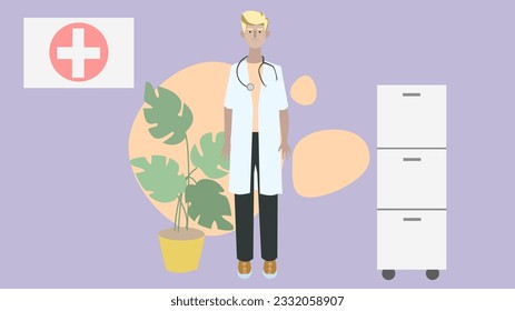 2D vector illustration of male doctor with stethoscope
