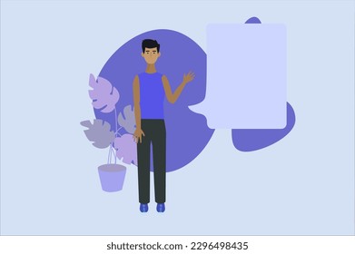 2D vector illustration of man showing hi gesture near speech bubble