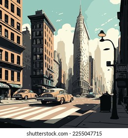 Ilustración vectorial 2D de las calles de nueva york con un estilo retro