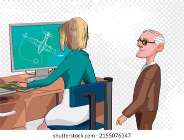 2.ª ilustración vectorial, secretaria en el escritorio con una computadora y un viejo hombre de negocios en la oficina