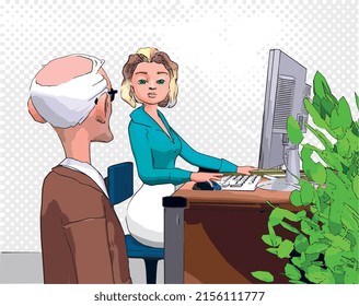 2.ª ilustración vectorial, secretaria en el escritorio con una computadora y un viejo hombre de negocios en la oficina