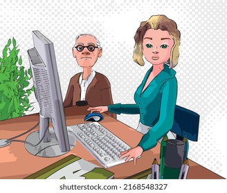 2d vector illustration, a secretary at desktop with a computer and an old business man on office