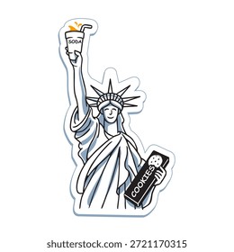 Ilustração vetorial 2D da estátua da liberdade com refrigerante e cookies