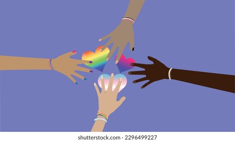 2D vector illustration top view of crop anonymous multiracial people joining hands in circle with gay transgender and bisexual hearts on blue background