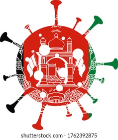 A 2D vector image of a Coronavirus particle with the flag of Afghanistan on it