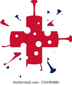 A 2D vector image of a Coronavirus particle with the flag of the UK on it