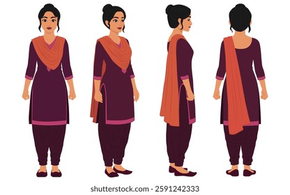 2D Vector of Indian Woman Teacher in Ethnic Costume, Multiple Poses for Animation and Illustration