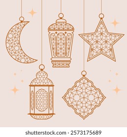 2d vector lantern, moon, star with arab pattern illustration set ,Ramadan Kareem concept, Eid Mubarak dectorative