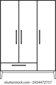 2D vector. Mid-century modern design cabinet isolated on white background. Three doors and one drawer. Minimalist style.	