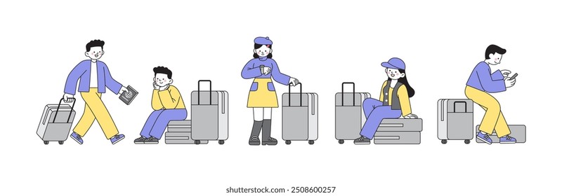 2d vector people traveling with luggage, men and women with luggage for traveling on holiday