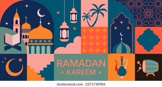 2d vector Ramadan Kareem, geometric background and wallpaper design, Ramanda Kareem illustration, greeting card template