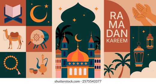 2d vector Ramadan Kareem, geometric background and wallpaper design, Ramanda Kareem illustration, greeting card template