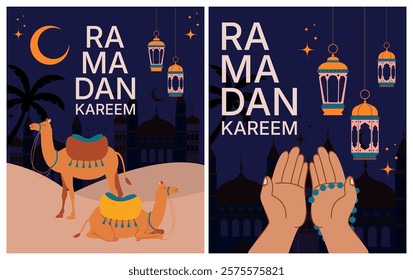 2d vector Ramadan Kareem, geometric background and wallpaper design, Ramanda Kareem illustration, greeting card template, hand praying and holding rosary, 