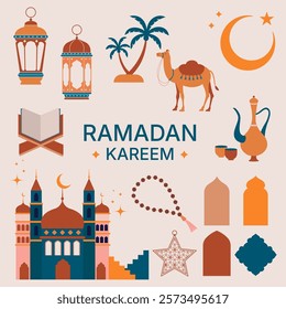 2d vector Ramadan Kareem illustration element, Eid Mubarak illustration element, greeting card and element design