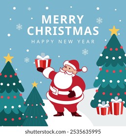 2d vector santa clasu holding gift box while snow falling, christmas and new year concept, card and background