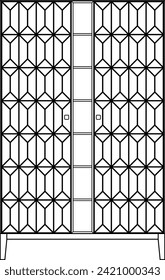 2D vector sketch. Mid century modern design cupboard isolated on white background. Geometric ornament pattern on door. Living room furniture.