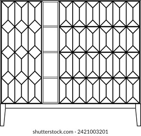 2D vector sketch. Mid century modern design chest of drawers isolated on white background. Geometric ornament pattern on door. Living room furniture.