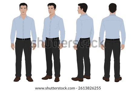 2D Vector Turnaround of Office Professional in Shirt and Pants for Business Animation, Character Design, and Corporate Presentations.