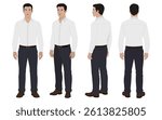 2D Vector Turnaround Sheet of Formal Corporate Man in Shirt and Pants for Animation, Office Illustrations, or Business Presentations.