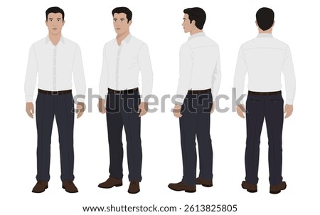 2D Vector Turnaround Sheet of Formal Corporate Man in Shirt and Pants for Animation, Office Illustrations, or Business Presentations.