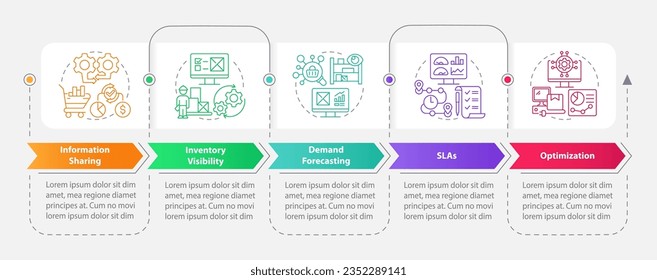 2D vendor management vector infographics template with colorful thin line icons concept, data visualization with 5 steps, process timeline chart.