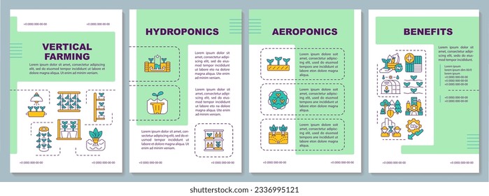 2D vertical farming green brochure template, leaflet design with thin line icons. 4 vector layouts representing types and benefits.