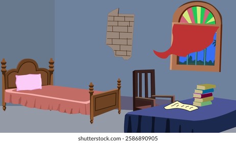 2d village cartoon bedroom or reading room with chare, table, window.