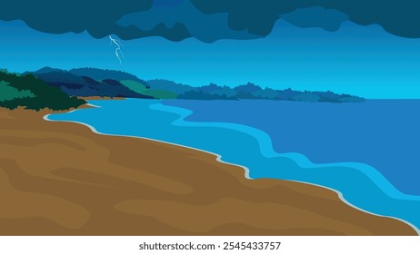 2d village river night background with cloud and thunder
