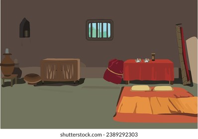 2D Village room inside vector artwork poor room interior illustration