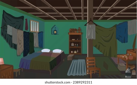 2D Village room inside vector artwork poor room interior illustration