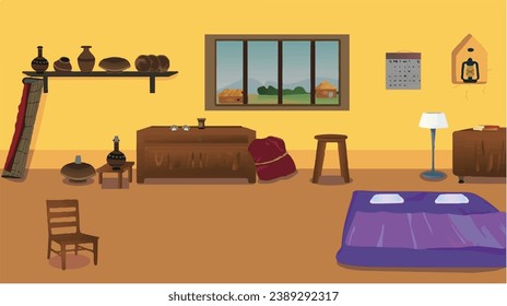 2D Village room inside vector artwork poor room interior illustration