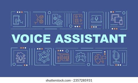 2D voice assistant text with various thin line icons concept on dark blue monochromatic background, editable 2D vector illustration.